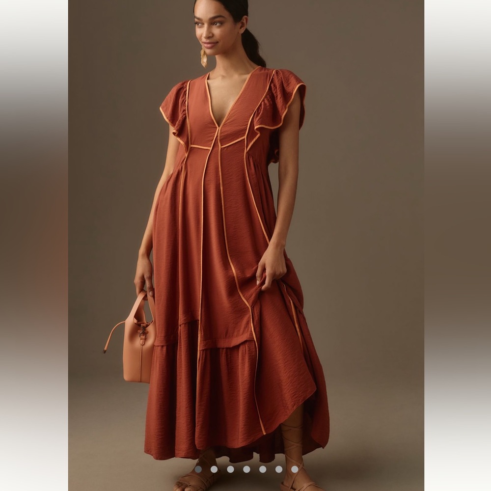 🧡NWT Anthropologie the Mimi Flutter-sleeved tipped midi dress XSP